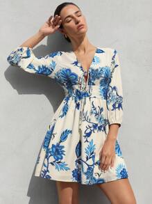 Aveloria Modichic Abito mini casual da donna in stile francese alla moda per le vacanze, con scollo a V lento, design con legame sul petto, vita svasata, maniche larghe e stampa a blocchi di colore - Multicolore - Visualizzare 2