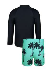 SHEIN Tween Boy Letter & Palm Tree Printed Raglan Sleeve Top And Swim Trunks Set, Suitable For Swimming Pool Or Beach - Multicolor - View 2