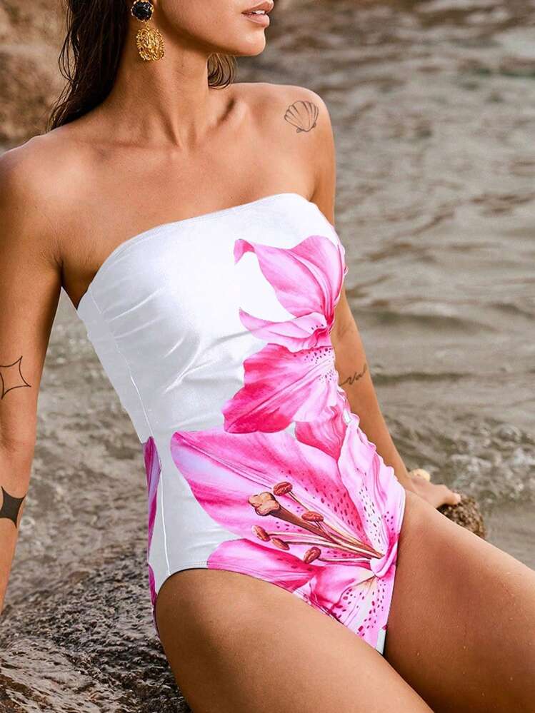Swim Vcay Traje de baño de una pieza tipo bandeau con estampado floral para mujer Springbreak 2025 - Blanco - Añade 5