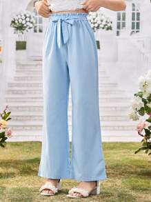 Quần ống rộng xếp ly gợn sóng cho bé gái tuổi teen có thắt lưng, thoải mái và dễ thương, thích hợp cho các buổi đi chơi thường ngày vào mùa xuân/hè - Màu xanh lam - Xem 5