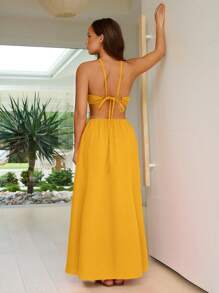 SHEIN VCAY 女士无袖露背纯色连衣裙，简约时尚，适合夏季 - 黃色 - 查看 2