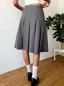SHEIN EZwear 纯色蝴蝶结百褶裙，夏季女士度假外出日常穿着音乐节，简约通勤极简主义风格。 - 灰色 - 查看 2