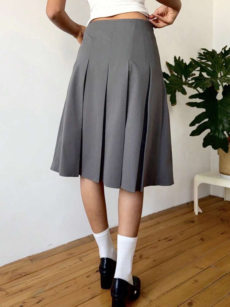 SHEIN EZwear Solid Color Bow Pleated Skirt, Summer For Women Vacation Going Out Everyday Wear Music Festival , Old Money Simple Commute Minimalist Office Old Money Simple - Grey - View 2