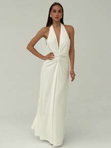 Aloruh Elegant Sexy Halter Neck Deep V Backless Ruched A-Line Wedding Guest Dress - White - View 1