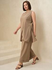 SHEIN Clasi Plus Size Solid Round Neck Sleeveless Split Hem Longline Tank Top And Wide Leg Pants 2pcs Set