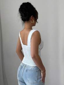 Selianne 女士优雅别致办公室休闲舒适度假无袖收腰后半襟荷叶边刺绣面料纯色衬衫