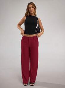 SHEIN BAE 女式杏色纯色亚麻休闲阔腿裤，低腰，适合日常、度假、办公室、春夏季 - 酒紅色 - 查看 3