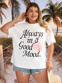 SHEIN VCAY Maglietta casual a maniche corte con scollo tondo, stampa floreale e scritta, adatta per vacanze in spiaggia, taglie comode - Bianco - Visualizzare 5
