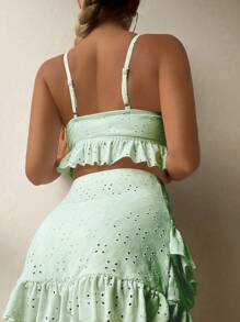 SHEIN Swim 2 件套女士夏季海滩纯色激光切割刺绣扭纹前比基尼泳装带迷你裙 - 薄荷綠 - 查看 2