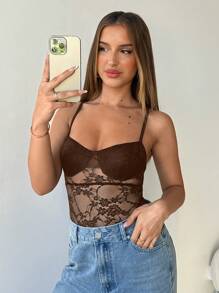 Aloruh Sexy Lace Sheer One-Piece Bodysuit For Summer - Coffee Brown - View 6