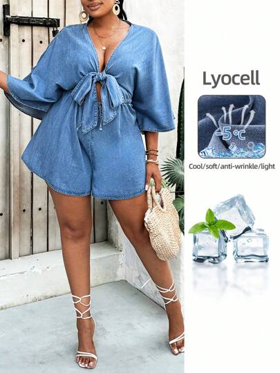 SHEIN Lady 大码牛仔连体裤，休闲度假风格，合身七分袖连体裤，蓝色夏季，女士度假服装，复活节，春季，西部，女士办公室服装，狂欢服装，婴儿送礼会礼服，乡村风格，女士乡村服装，老钱风格女士，外出服装，节日服装，牛仔服装，女士机场服装，Kpop，热带度假女士服装，纳什维尔服装，欧洲夏季，音乐会，女牛仔服装，女士毕业服装海滩服装，女士度假服装，海滩，波西米亚风女装，女士邮轮服装，老钱风格女士，伊比沙岛服装，波西米亚风时尚