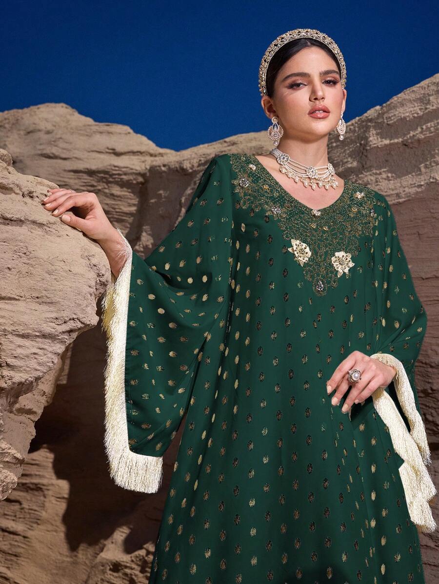 Al Najma Women's Turkish/Arabian Style Traditional Maxi Long Dress Kaftan Jalabiya Dress - Dark Green - View 1