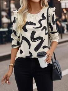 SHEIN Clasi Graphic Print Button Back Ruffle Trim Blouse,Three Quarter Sleeve Tops - Multicolor - View 5