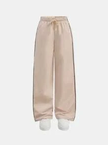 Teen Girls  Contrast Trim Drawstring Waist Wide Leg Casual Cargo Pants - Apricot - View 5