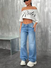 EURMUSE Jeans droits à taille basse minimaliste lavé décontracté - Jean bleu - Voir 5