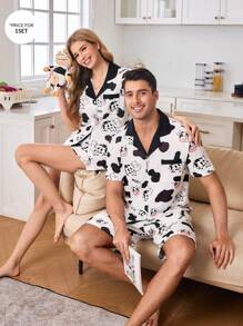 Men's Cute Cow & Letter Print Sleepwear Set - Black and White - View 3
