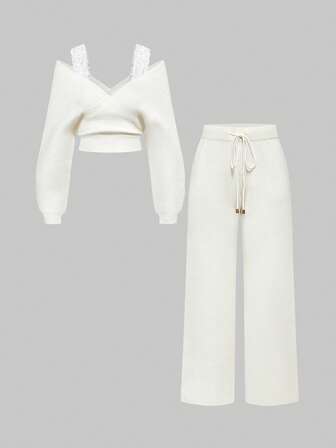 Kawaii Set de 2 piezas de suéter holgado de punto y pantalones anchos de pierna ancha con tirantes de encaje en escote en V para hombros caídos, conjunto de ropa cómoda para el hogar