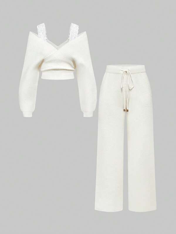 Kawaii 2pcs Women's Off-Shoulder V-Neck Lace Strap Loose Wide Leg Pants Knit Sweater Set, Cozy Home Outfit