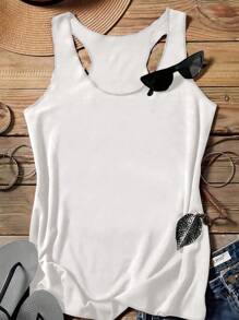 SHEIN LUNE Women Plain Casual Racerback Tank Top,Slightly Sheer Suitable For Summer,Casual - White - View 5