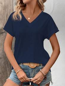 SHEIN LUNE Women V-Neck Short Sleeve Solid Color Casual T-Shirt, Suitable For Summer - Navy Blue - View 3