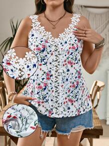 SHEIN LUNE Top de style camis à fleurs ditsy et garniture de dentelle, tops d'été bohèmes élégants de vacances pour femmes, tenues de vacances, vêtements d'été des années 90, tenues d'été pour femmes, tenues de villégiature, tops d'été pour femmes, tenues de vacances, porter de tous les jours stylé