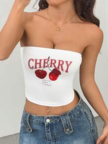 SHEIN PETITE 3 stuks/set witte kersenprint tubetop, rode effen tubetop, zwarte strass strik decor tubetop