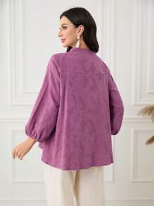 Mulvari Women Casual Solid Color Jacquard Lantern Sleeve Blouse