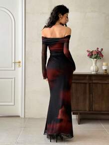 EastFlair 中国风扎染印花露肩复古连衣裙，适合女性，休闲短裙，夏季女装，生日女装，优雅礼服 - 紅色和黑色 - 查看 6