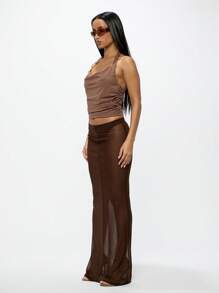 SUMWON WOMEN Váy Maxi Lưới Trong Suốt Cạp Cao Dài Đến Sàn Trong Suốt Phủ Váy Dạ Hội Lễ Hội Bãi Biển Nhiều Lớp Thiết Kế Thời Trang - Cà phê nâu - Xem 4