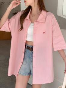 DAZY Women's Summer Oversized Bowknot Printed Drop Shoulder Casual Shirt,Short Sleeve Tops - Pink - View 11