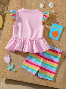 CoComelon X SHEIN 2pcs/Set Baby Girl Rainbow Cloud & Friends Pattern Cap Sleeve Top And Rainbow Striped Leggings Summer Outfit - Multicolor - View 2