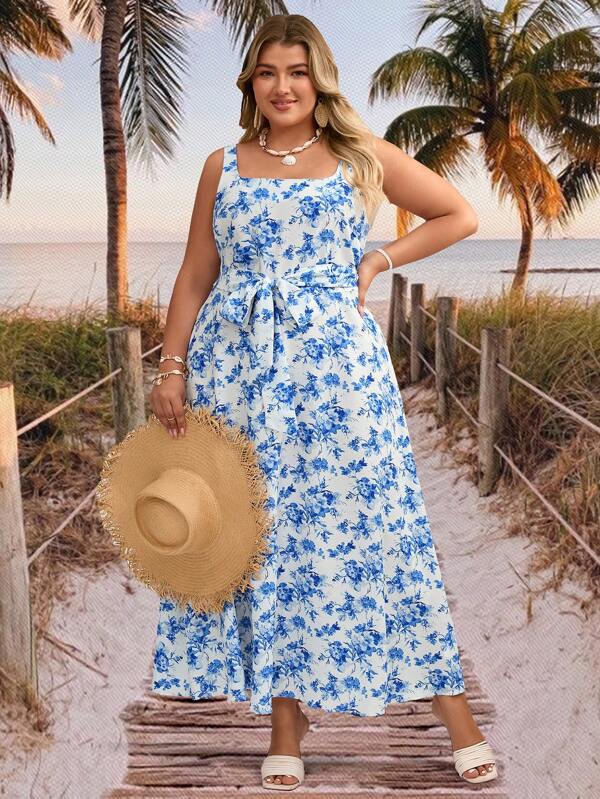 SHEIN VCAY Plus Size Elegant Floral Print Square Neck Sleeveless A-Line Dress With Waist Cinch, Suitable For Vacation South Beach Outfits