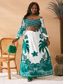 Slaydiva Plus Size Fitted Printed Long Sleeve Crossover Top, Spring Resort - Green - View 4