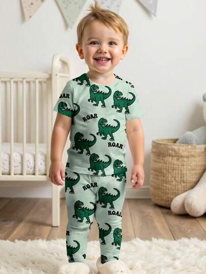 Young Boy Cartoon Dinosaur Print Snug Fit Casual Comfortable Round Neck Short Sleeve Pants Pajama Set, Suitable For All Seasons