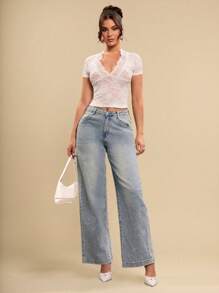 SHEIN BAE Ladies Deep V-Neck Contrast Lace Short Sleeve Tee Shirt, Sexy Lace Blouse, Valentine's Day Tops, White Lace Tops, Casual Office Wear, Holiday Lace Tops