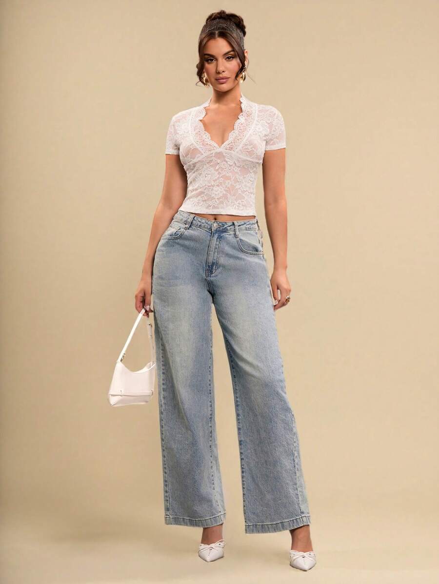 SHEIN BAE Ladies Deep V-Neck Contrast Lace Short Sleeve Tee Shirt, Sexy Lace Blouse, Valentine's Day Tops, White Lace Tops, Casual Office Wear, Holiday Lace Tops