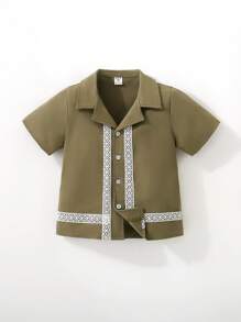 男童传统风格短袖衬衫，年轻男孩休闲复古印花衬衫服装 - 軍綠色 - 查看 1