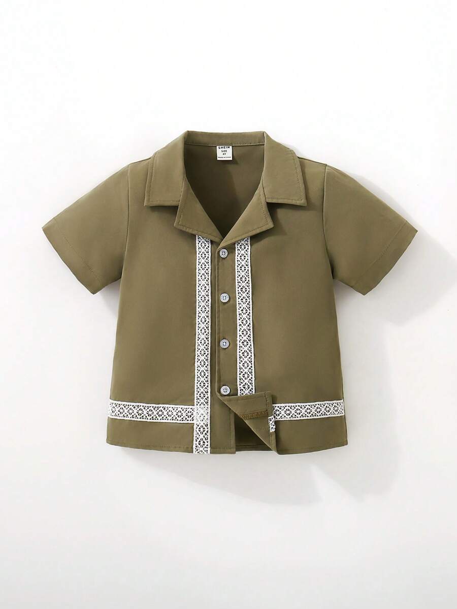 男童传统风格短袖衬衫，年轻男孩休闲复古印花衬衫服装 - 軍綠色 - 查看 1