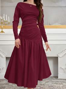 Modelyn 女士优雅魅力斜肩针织编织伞形下摆时尚连衣裙长款晚礼服 - 紅色 - 查看 7