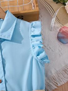 SHEIN Tween Girl Solid Color Front Button Ruffle Hem Mid-Calf Dress With Woven Belt,Holiday,Summer,Travel - Blue - View 4