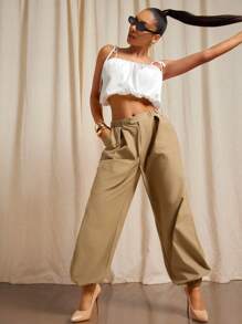 Vixey 松紧腰带休闲宽松慢跑裤，商务休闲女装，女士办公服装，女士工作服，工作裤 - 棕色 - 查看 1