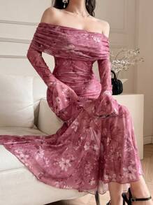 DAZY Vestido midi ajustado con hombros descubiertos, mangas largas, con volante, de estilo minimalista y elegante con estampado floral para mujer