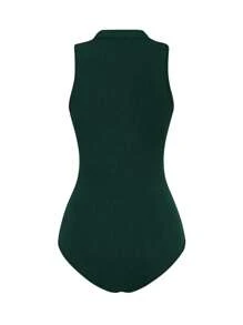 INAWLY Woman's Sleeveless Solid Color Bodysuit, Slim Fit Minimalistic Design, Suitable For Summer - Dark Green - View 2