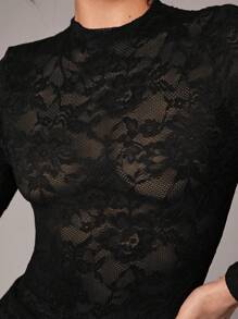 Silquee 女士优雅性感浪漫纯色红色、酒红色、勃艮第红，必备蕾丝可爱露背长袖连体衣，适合姐妹聚会、情人节、夜间外出等场合。 - 黑色 - 查看 10