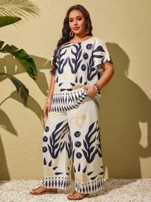 SHEIN Clasi Áo thun cổ tròn tay ngắn họa tiết hình học cỡ lớn cho nữ và quần dài trang phục mùa hè, phù hợp cho Ngày lễ Thánh Patrick, Rave, Lễ hội, Kỳ nghỉ xuân, Phong cách Boho - Nhiều màu - Xem 1