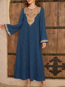 Al Najma Váy dài Thổ Nhĩ Kỳ dành cho nữ & Váy dài truyền thống Ả Rập, Kaftan giản dị - Màu xanh hải quân - Xem 2