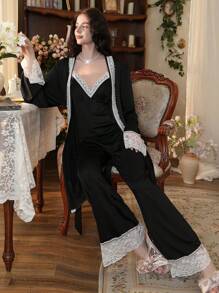 Côtesoire 3件套优雅蕾丝拼接女士睡衣套装，适合假日、秋冬季节穿着 - 黑色 - 查看 7