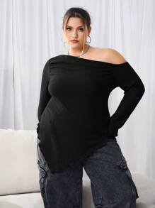 SHEIN CURVE+ Plus Size Women's Top Asymmetric Neck Rib Knit T-Shirt,Valentine's Day Plus Size Christmas - Black - View 5