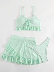 SHEIN Swim 2 件套女士夏季海滩纯色激光切割刺绣扭纹前比基尼泳装带迷你裙 - 薄荷綠 - 查看 6