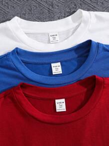 SHEIN Bộ 3 áo thun tay ngắn in chữ tiếng Anh thoải mái cho bé trai tuổi teen - Đỏ - Xem 3